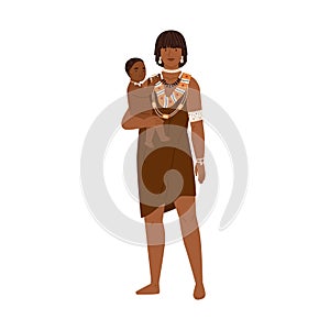 African tribal mom with baby. Young female member of aboriginal tribe standing in ethnic dress and holding child