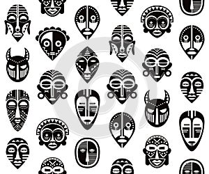 African tribal vector mask vector seamless pattern, ritual ethnic masks repetitive design