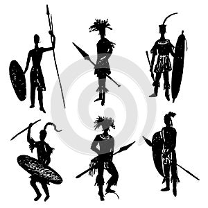 African tribal warriors in the battle suit and arms drawing hand drawn illustration
