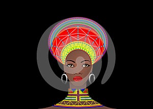African Tribe Clothes Female Zulu, portrait of cute south african woman. Typical clothing for married women, young girl of Bantu