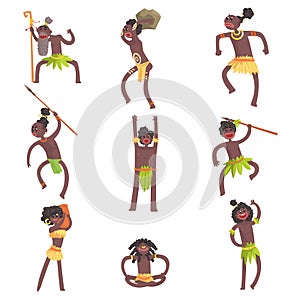 African Tribe Members, Warriors And Civilians In Leaf Loincloths Set Of Smiling Cartoon Characters