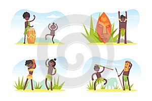 African Tribe People Character in Traditional Loincloth and Palm Leaf with Spear and Drum Vector Set