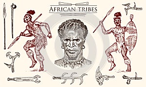 African tribes, portraits of Aborigines in traditional costumes. Australian Warlike black native man with spears and