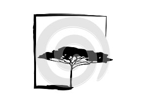 African tropical tree logo icon black and white color, acacia tree silhouette, green nature safari ecology concept vector isolated
