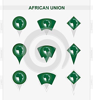 African Union flag, set of location pin icons of African Union flag
