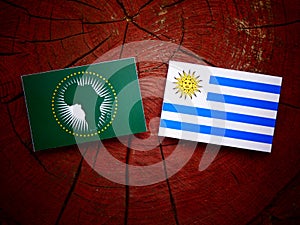 African Union flag with Uruguaian flag on a tree stump isolated