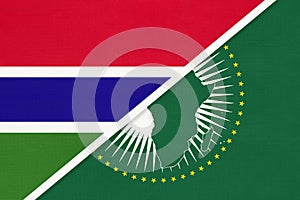 African Union and Gambia national flag from textile. Africa continent vs Gambian symbol