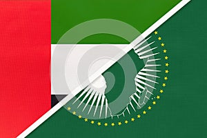 African Union and United Arab Emirates or UAE, national flag. Africa vs Emirati symbol