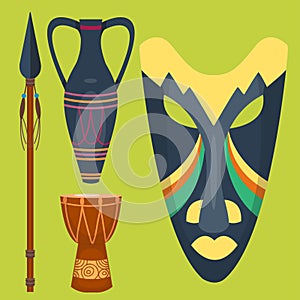 African vector mask djembe drum and vase music traditional instrument ethnic sound rhythm masking musical culture tool