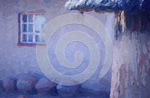 African Village House With Traditional, Thatched Rondavel, Oil Painting Style