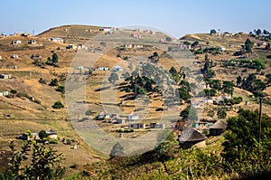 African village, rural houses apartheid South Africa, bantustan KwaZulu Natal near Durban.