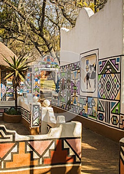 African village. Traditional ethnic tribal painting style.