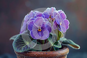 African Violets (Saintpaulia ionantha) in Flowerpot Closeup, African Violets Macro House Plant