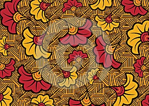 African Wax Print fabric, Ethnic handmade ornament design, tribal pattern motifs floral elements. Vector texture, afro colorful