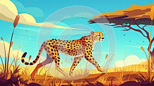 African wild cat with spotted fur savannah cheetah walking. Modern cartoon illustration of safari park setting with a