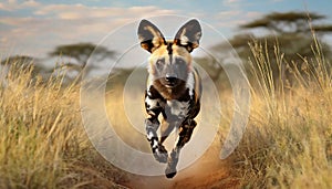 African Wild Dog sprints across savannah