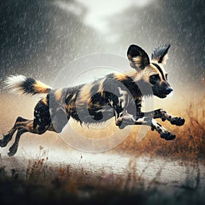 African Wild Dog sprints across savannah, in torrential rain
