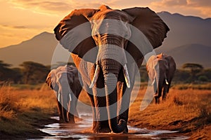 African wildlife elephants crossing Olifant River in Amboseli National Park