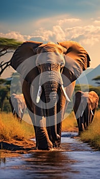 African wildlife elephants crossing Olifant River in Amboseli National Park