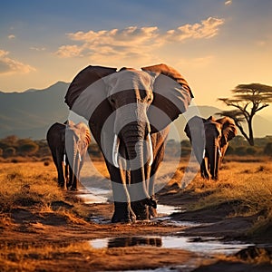 African wildlife elephants crossing Olifant River in Amboseli National Park