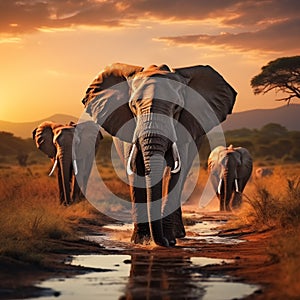 African wildlife elephants crossing Olifant River in Amboseli National Park