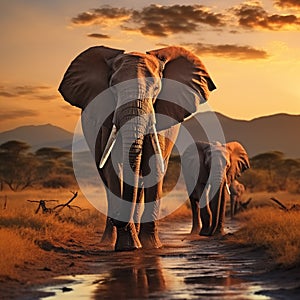 African wildlife elephants crossing Olifant River in Amboseli National Park