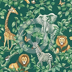 African Wildlife Illustration Featuring Giraffe, Elephant, Lion, Zebra among Lush Foliage