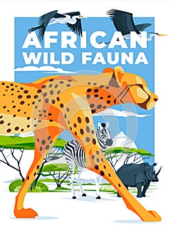 African wildlife poster with big cheetah, rhinoceros, zebra and heron