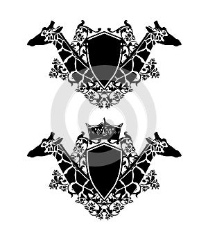 African wildlife royal heraldic design vector set with giraffe heads, king crown, shield and rose flowers