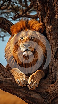 African wildlife scene Lion resting peacefully under a Serengeti tree