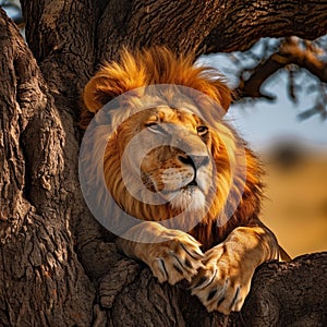 African wildlife scene Lion resting peacefully under a Serengeti tree