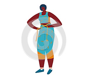 African woman in activewear holding measuring tape around waist. Body positivity and weight management concept vector