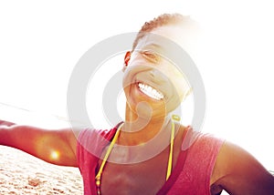 African Woman Beach Happiness Freedom Concept