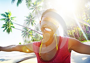 African Woman Beach Happiness Freedom Concept