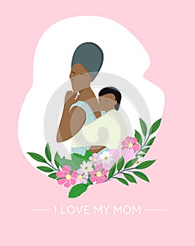 African woman carrying her son on back. Happy mothers day vector illustration. African mothers and son with flowers