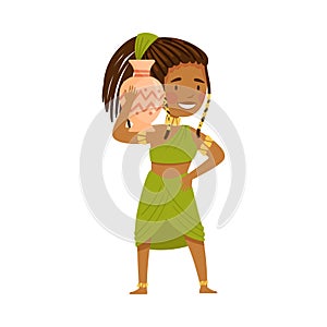 African Woman Character in Traditional Tribal Clothing Carrying Ceramic Vase Vector Illustration