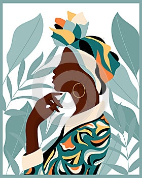 African woman in a colorful national headdress on a background of tropical leaves. Illustration, poster, wall art