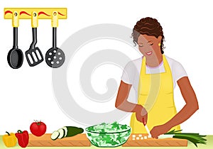 African woman cooking salad on white