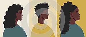 African woman, different hairstyle, flat vector stock illustration with styling curly hair, different afro hairstyle as a