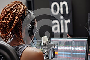 African Woman DJ Broadcasting Live in Radio Studio.