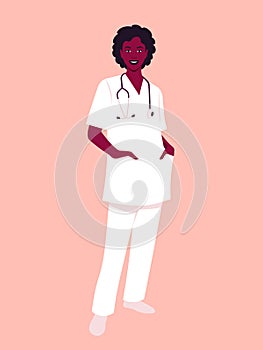 An African woman doctor in a medical uniform. Full-length portrait of professional.