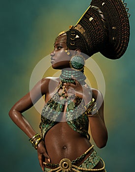 African Woman Gold and Green, 3d CG