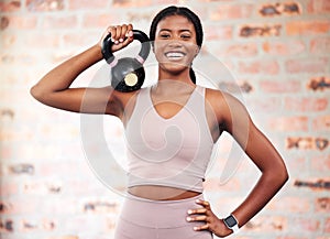 African woman, gym portrait and kettlebell with smile at training, weightlifting and summer body beauty. Black woman