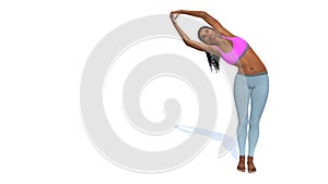 African woman in half moon yoga pose on white