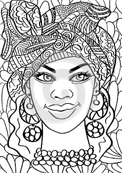 African woman in headwrap with ornament, ethnic portrait adult coloring book page