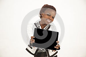 African Woman Holding a Blank black Sign