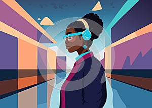 African woman interacting in metaverse in corporate style
