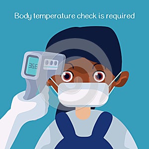 African woman in mask with body temperature check text on blue backdrop for social banner.