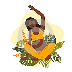 African woman and nature elements. yoga pregnant women concept. Relax, meditation for the expectant mother. vector illustration