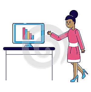 African woman presenting bar graph on computer screen. Businesswoman analyzing chart. Corporate presentation vector